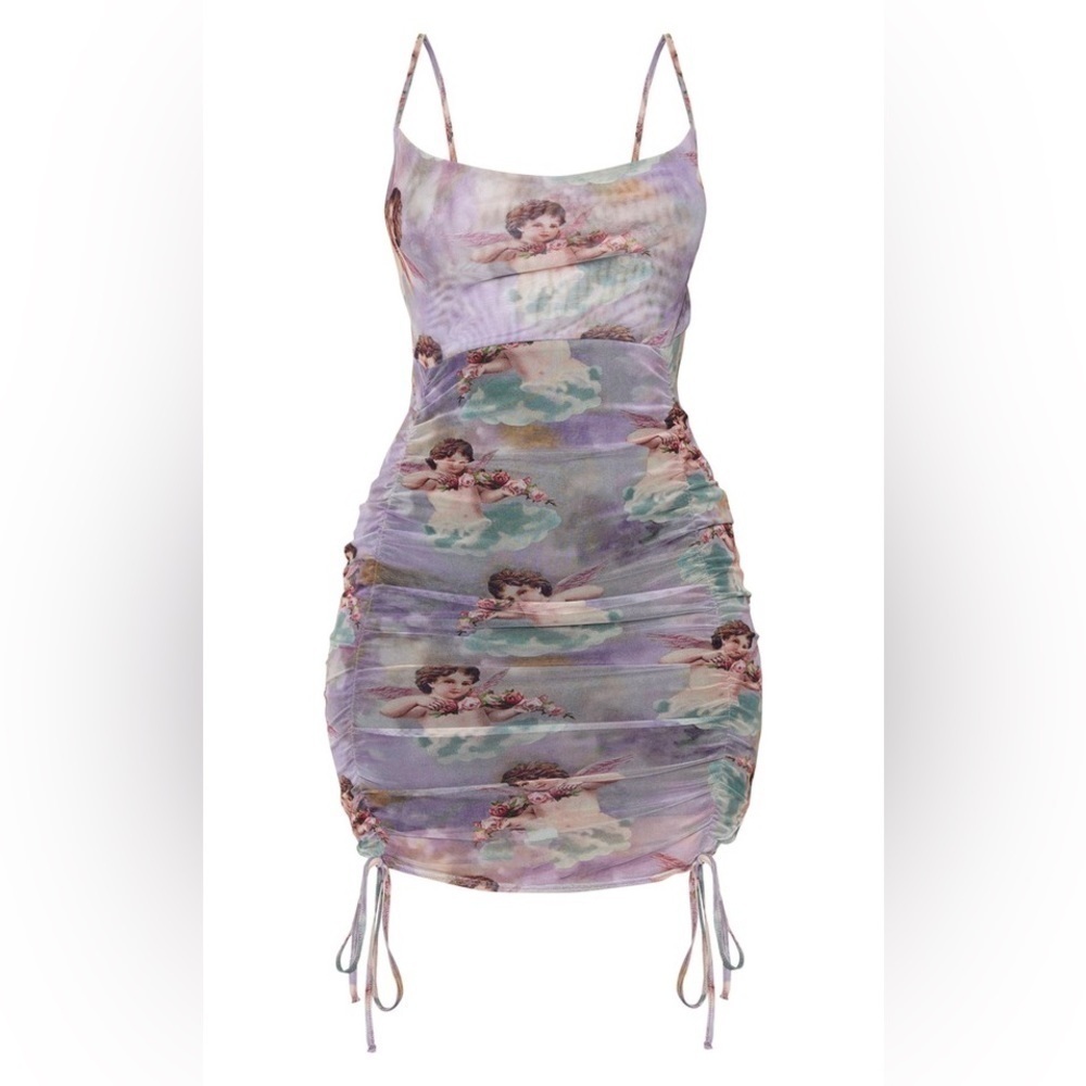 Angel Cupid Lilac Renaissance Print Strappy Ruched Tie Hem Bodycon Dress NWOT 4 